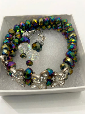 Multi-Colored Purple Metallic Beaded Bracelet w/Matching Purple, Crystal & Rhinestone Earrings