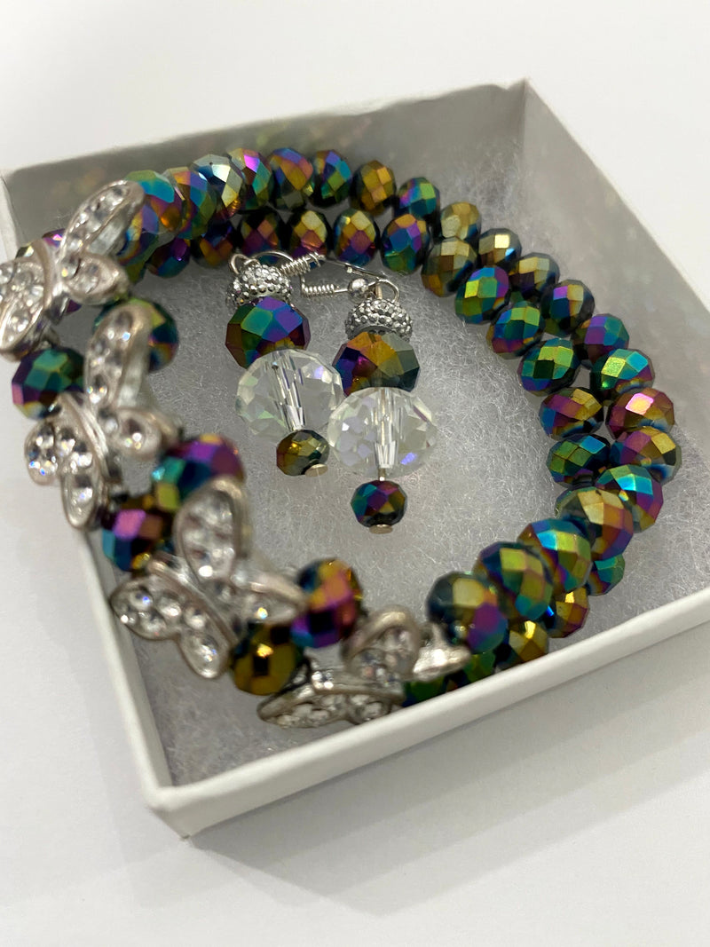 Multi-Colored Purple Metallic Beaded Bracelet w/Matching Purple, Crystal & Rhinestone Earrings