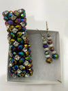 Multi-Colored Purple & Blue Metallic Beaded Bracelet w/Matching Earrings