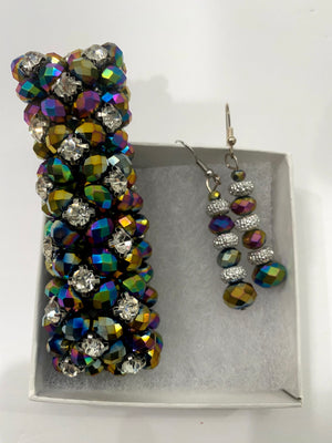 Multi-Colored Purple & Blue Metallic Beaded Bracelet w/Matching Earrings
