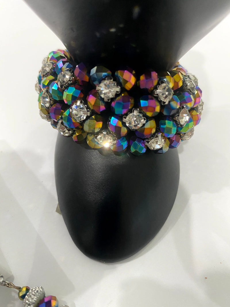 Multi-Colored Purple & Blue Metallic Beaded Bracelet w/Matching Earrings