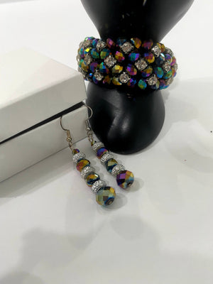 Multi-Colored Purple & Blue Metallic Beaded Bracelet w/Matching Earrings