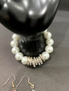 Large Pearl & Silver Rhinestone Ring Beaded Bracelet & Matching Earrings