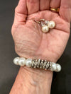Large Pearl & Silver Rhinestone Ring Beaded Bracelet & Matching Earrings