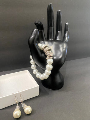 Large Pearl & Silver Rhinestone Ring Beaded Bracelet & Matching Earrings