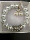 Large Pearl & Silver Rhinestone Ring Beaded Bracelet & Matching Earrings