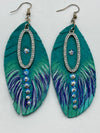 Hand Painted Leather Feather Earrings w/ Swarovski Crystals & Rhinestone Embellishments
