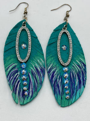 Hand Painted Leather Feather Earrings w/ Swarovski Crystals & Rhinestone Embellishments