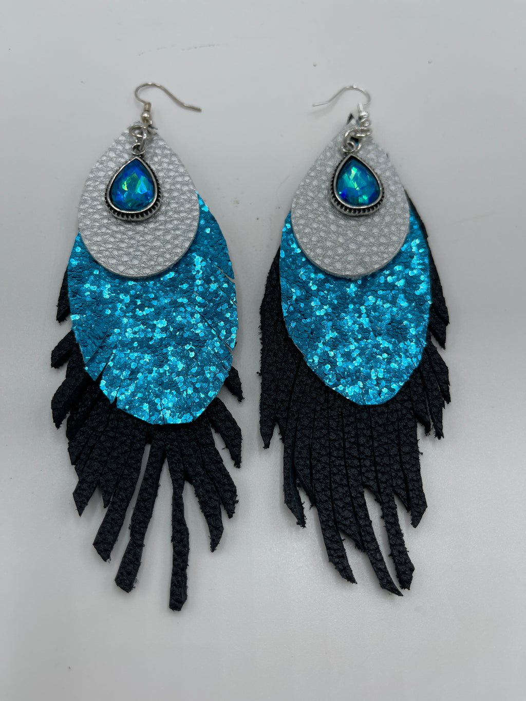 Black, Turquoise Sparkle & Silver Leather Earrings