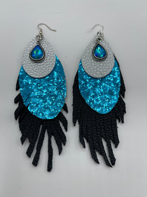 Black, Turquoise Sparkle & Silver Leather Earrings