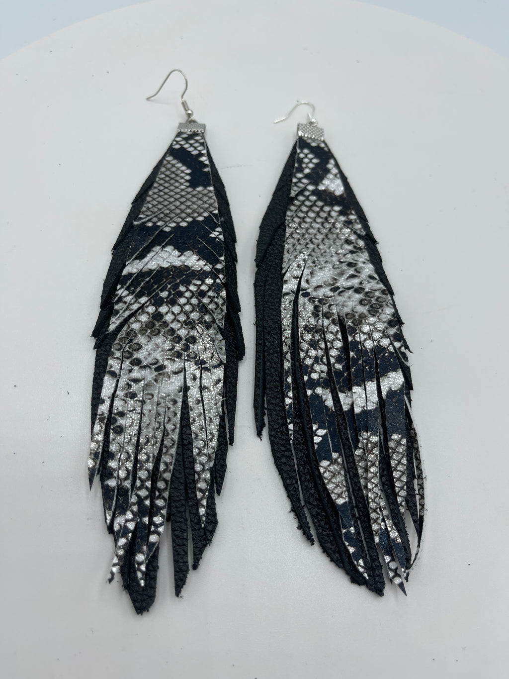 Dual Black & Snake Skin Leather Feather Earrings