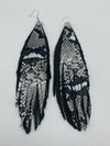 Dual Black & Snake Skin Leather Feather Earrings