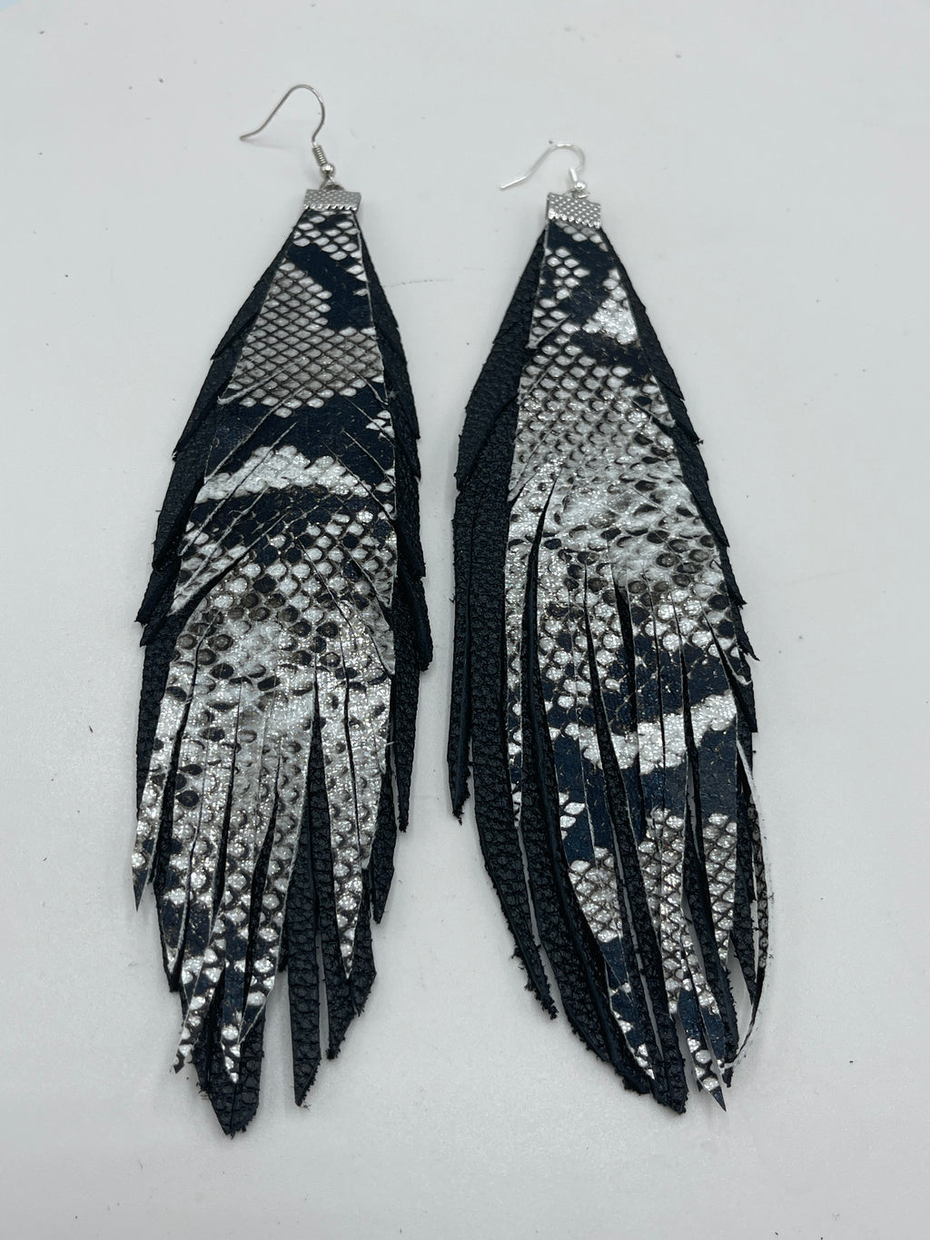 Dual Black & Snake Skin Leather Feather Earrings