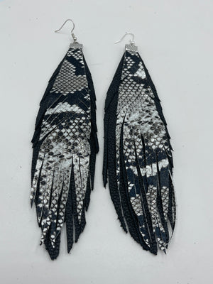 Dual Black & Snake Skin Leather Feather Earrings