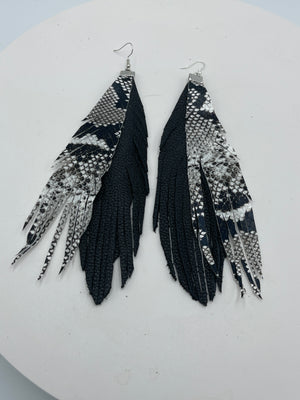 Dual Black & Snake Skin Leather Feather Earrings