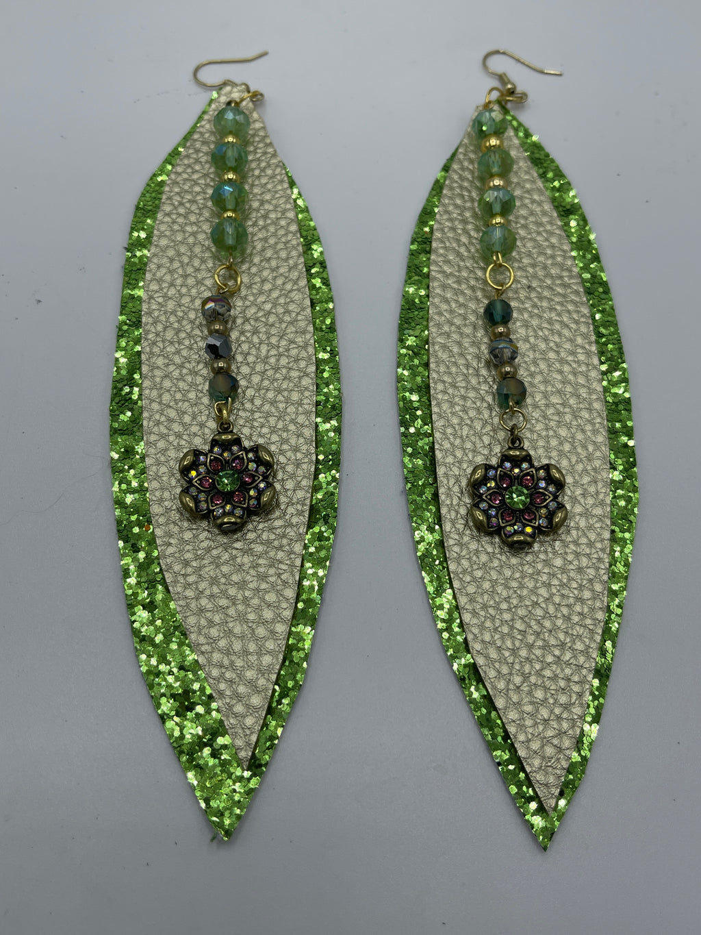 Gold & Green Sparkle Leather Earrings w/ Jeweled Embellishments