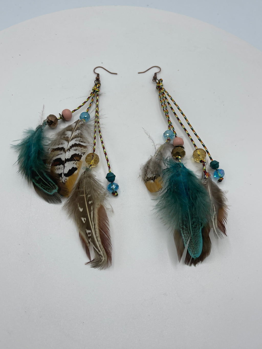 Brown & Teal Multi-Colored Feather Earrings
