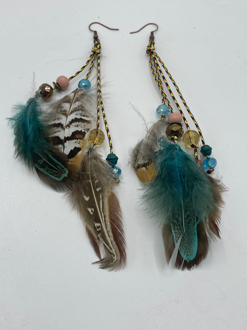 Brown & Teal Multi-Colored Feather Earrings