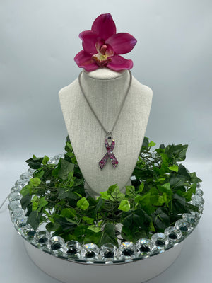 Breast Cancer Awareness Pink Rhinestone Ribbon Necklace