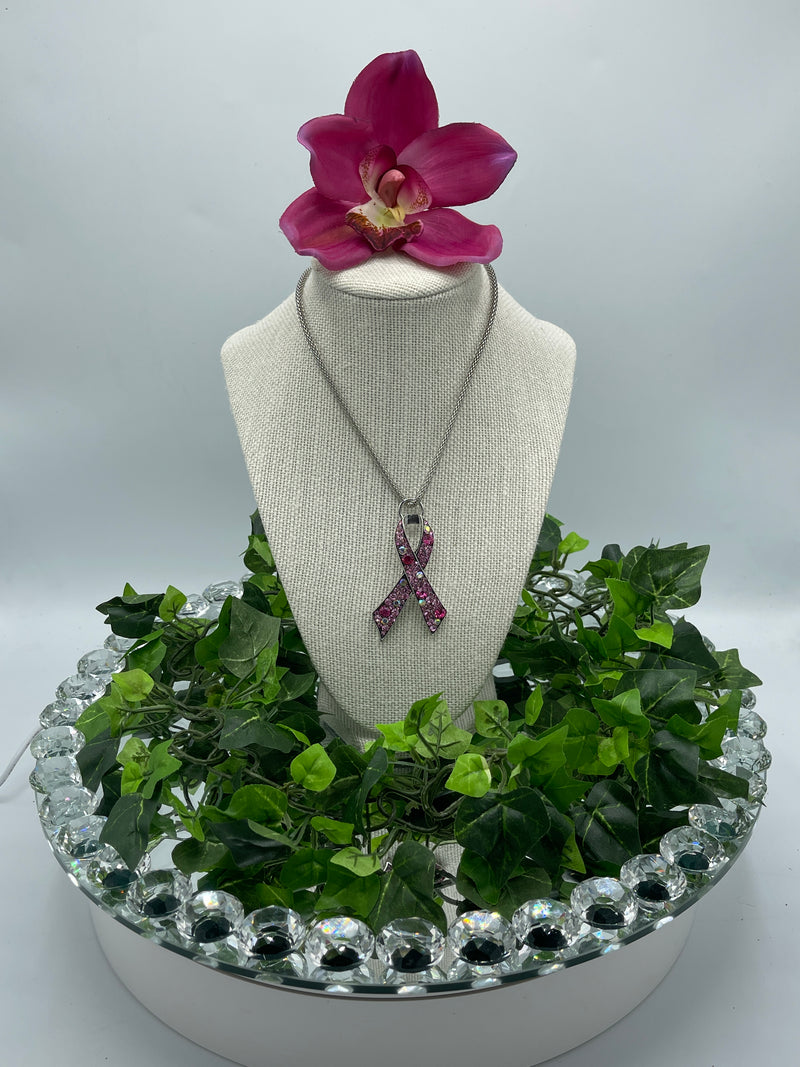 Breast Cancer Awareness Pink Rhinestone Ribbon Necklace