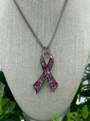 Breast Cancer Awareness Pink Rhinestone Ribbon Necklace
