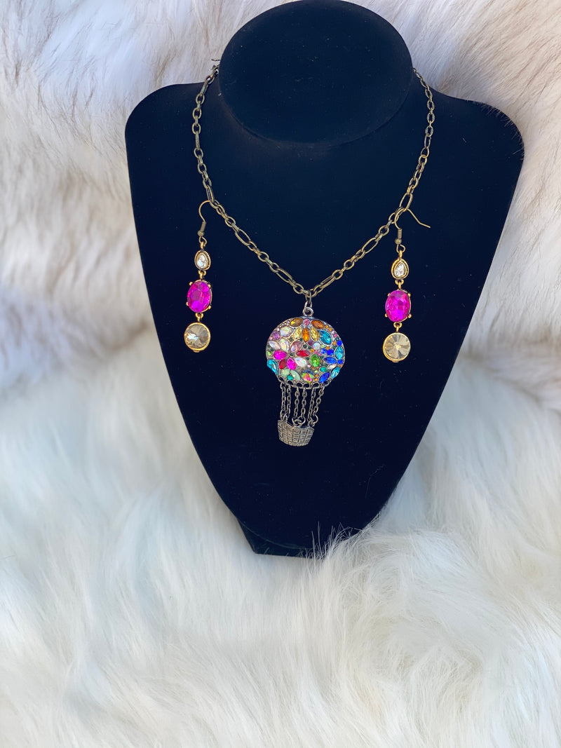 Multi-Colored Hot Air Balloon Pendent & Matching Earrings
