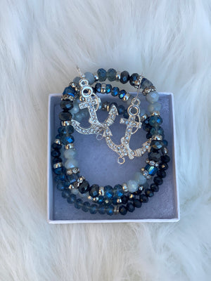Three Beaded Multi-Colored Blue Bangle Bracelets & Anchor Earrings