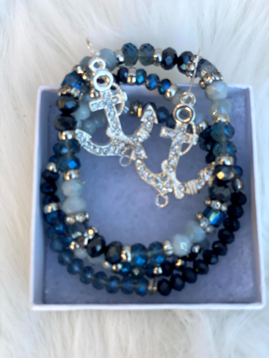 Three Beaded Multi-Colored Blue Bangle Bracelets & Anchor Earrings