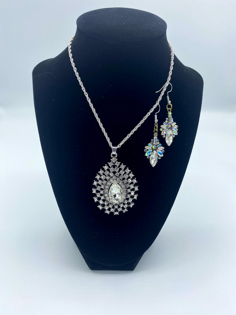 Silver Rhinestone Pendent & Matching Earrings