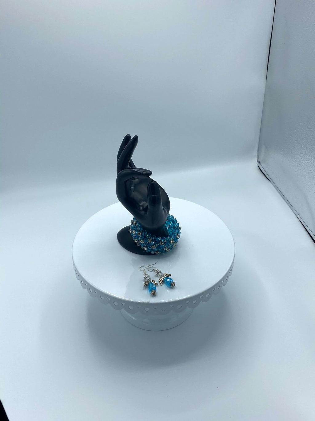 Beaded Turquoise Rhinestone Bracelet w/ Matching Angel Earrings