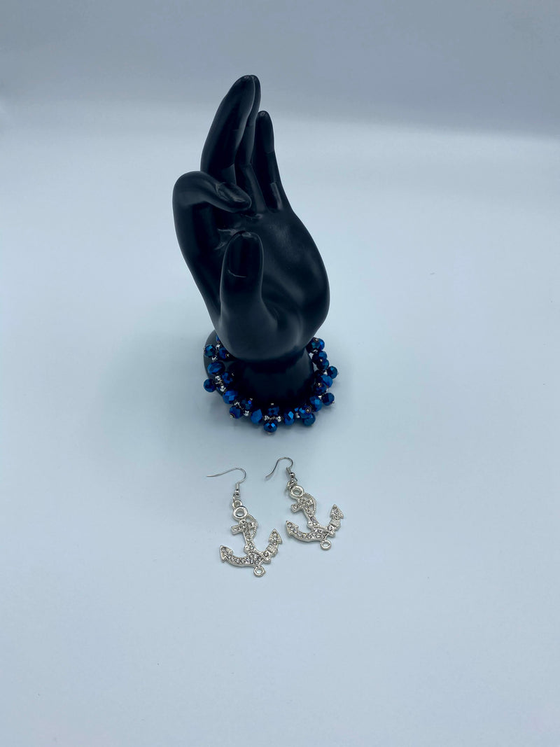 Sapphire Beaded Bracelet w/ Matching Rhinestone Anchor Earrings