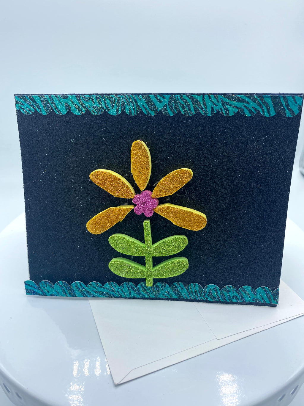 Black Glitter Card W/ Gold Glittered Foam Flower
