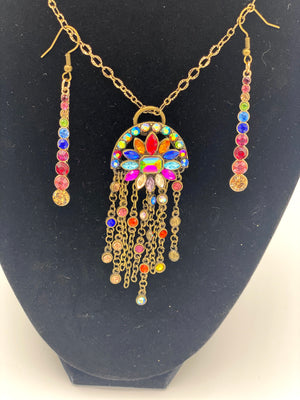 Multi-Colored Rhinestone Pendent & Earrings