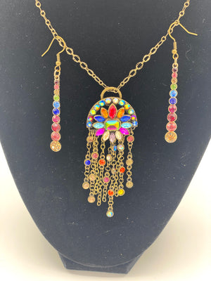 Multi-Colored Rhinestone Pendent & Earrings