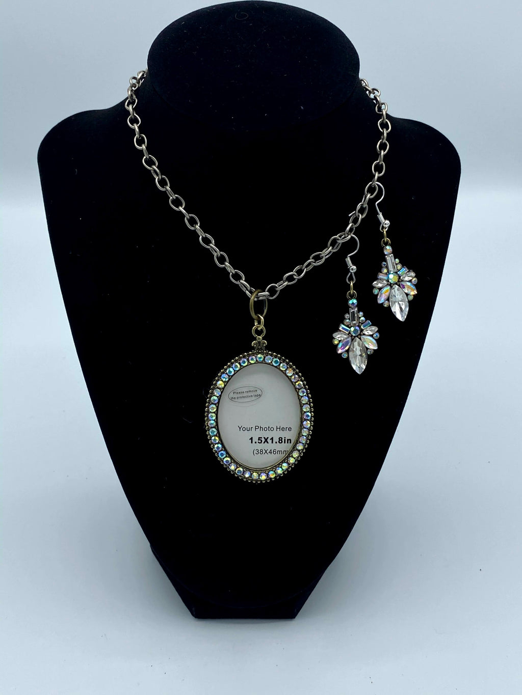 Silver Rhinestone Photo Pendent & Matching Rhinestone Earrings (Clearance)