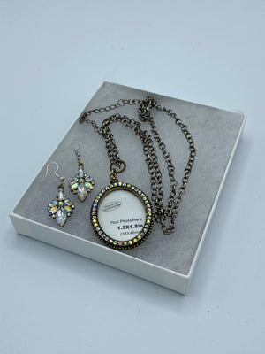 Silver Rhinestone Photo Pendent & Matching Rhinestone Earrings (Clearance)