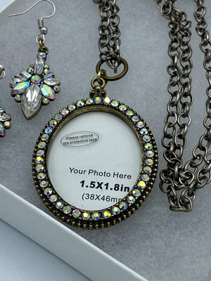 Silver Rhinestone Photo Pendent & Matching Rhinestone Earrings (Clearance)