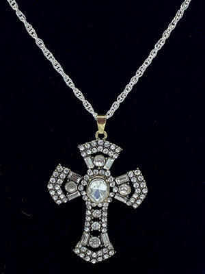 Silver Rhinestone Cross & Matching Rhinestone Earrings