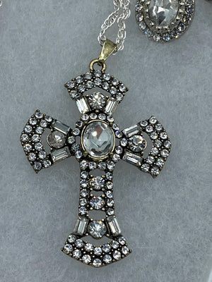 Silver Rhinestone Cross & Matching Rhinestone Earrings