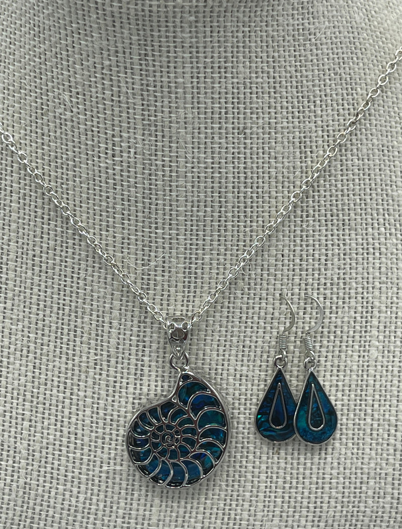 Turquoise & Silver Conch Shell Pendant w/ Matching Earrings
