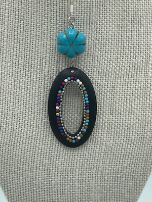 Stunning Black & Turquoise Oval Beaded Dangly Earrings