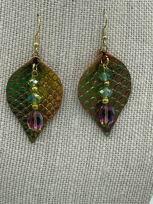Gold & Teal Metallic Leather Earrings w/Green & Metallic Purple Beads
