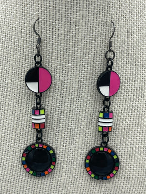 Three Tier Pink, Black & White Boho Earrings
