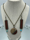 Stone & Wooden Pendent w/ Rhinestones & Matching Metal & Leather Earrings w/ Turquoise Bead (Clearance)