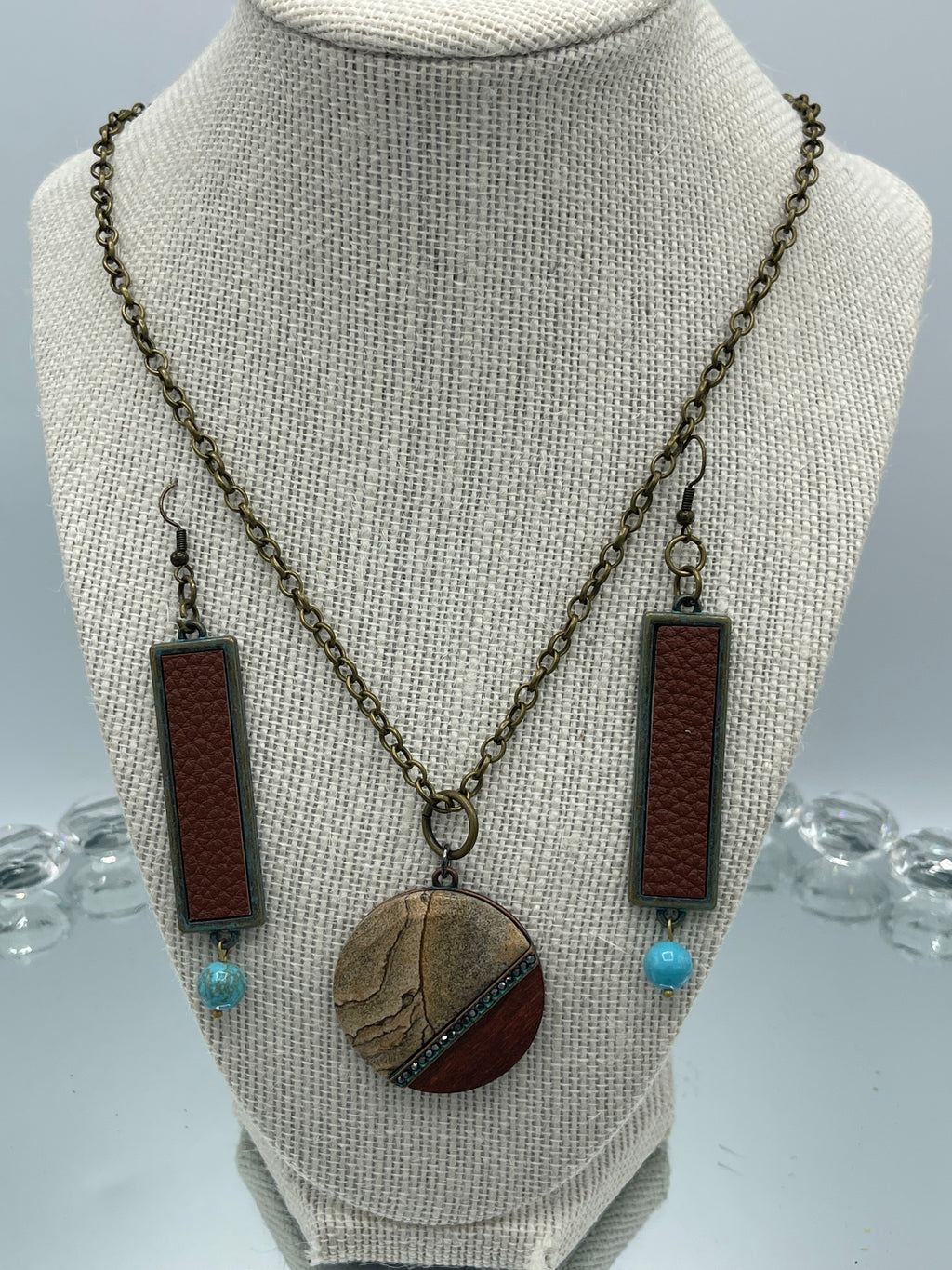 Stone & Wooden Pendent w/ Rhinestones & Matching Metal & Leather Earrings w/ Turquoise Bead (Clearance)