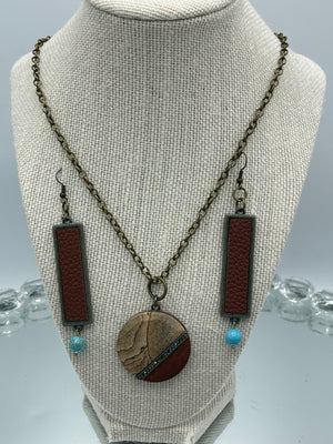 Stone & Wooden Pendent w/ Rhinestones & Matching Metal & Leather Earrings w/ Turquoise Bead (Clearance)