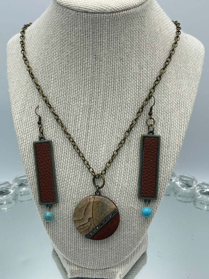 Stone & Wooden Pendent w/ Rhinestones & Matching Metal & Leather Earrings w/ Turquoise Bead (Clearance)