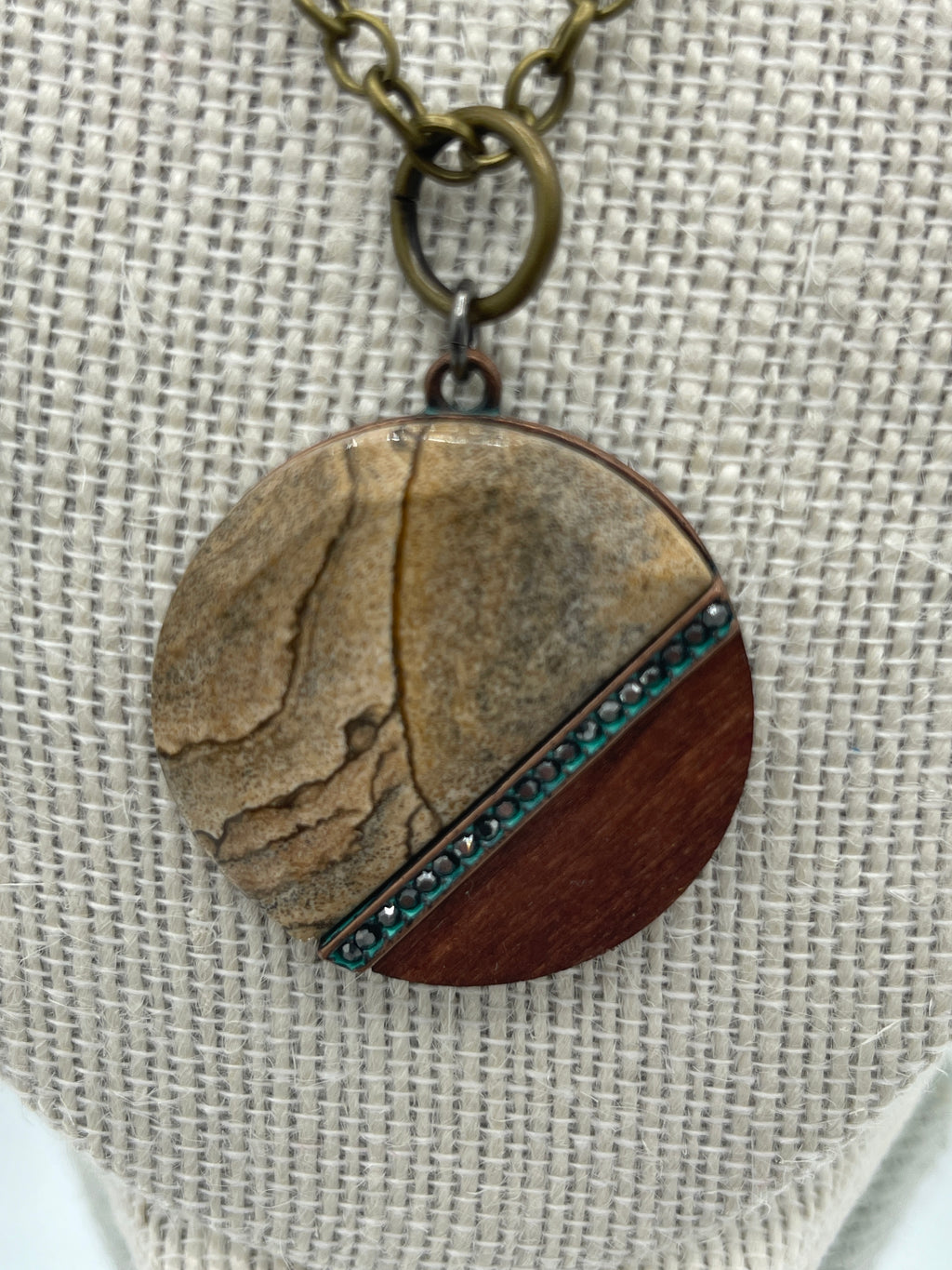 Stone & Wooden Pendent w/ Rhinestones & Matching Metal & Leather Earrings w/ Turquoise Bead (Clearance)