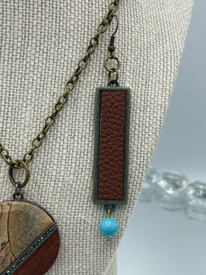 Stone & Wooden Pendent w/ Rhinestones & Matching Metal & Leather Earrings w/ Turquoise Bead (Clearance)