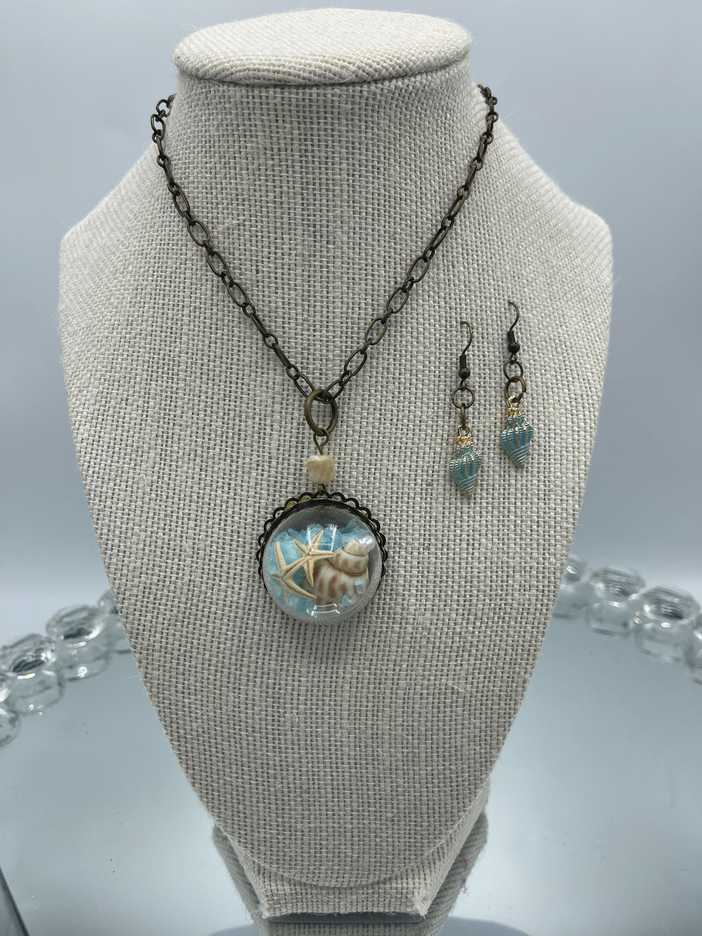 Glass Dome Pendent On Antique Gold Chain w/ Real Starfish and Seashells & Blue Seashell Earrings (Clearance)
